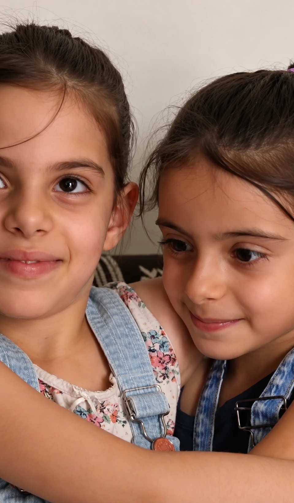 Two young girls hugging and smiling